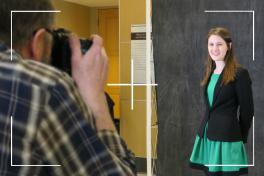 A student gets their headshot taken at the 2019 Spring Career Fair