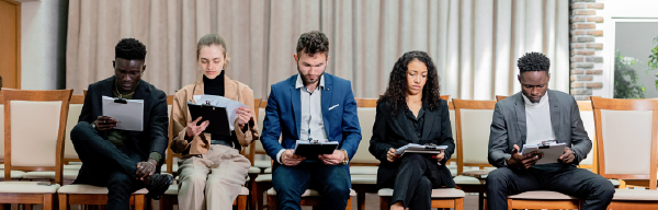 Students gathering in line at a career fair.