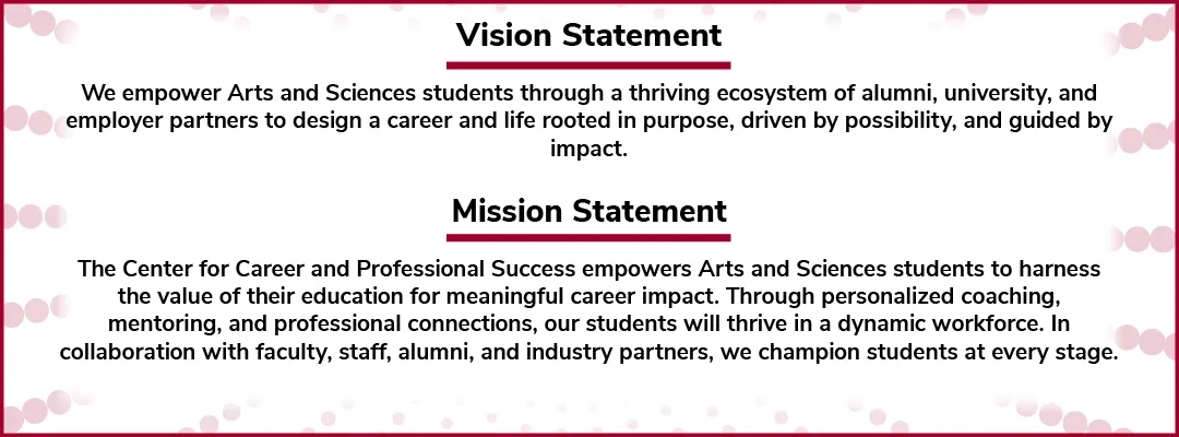 Vision Statement  We empower Arts and Sciences students through a thriving ecosystem of alumni, university, and employer partners to design a career and life rooted in purpose, driven by possibility, and guided by impact.  Mission Statement  The Center for Career and Professional Success empowers Arts and Sciences students to harness the value of their education for meaningful career impact. Through personalized coaching, mentoring, and professional connections, our students will thrive in a dynamic workfor